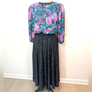 Vintage Diane Freis mixed print, sheer maxi dress w balloon sleeves. Large